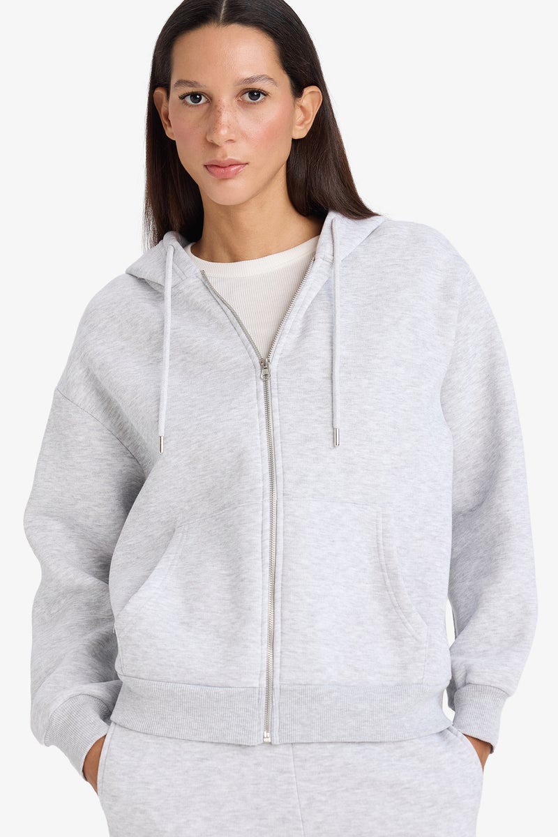 DeFacto Grey Woman Relax Fit Basic Thick Fabric Zip-Up Hoodie Casual - Image 1